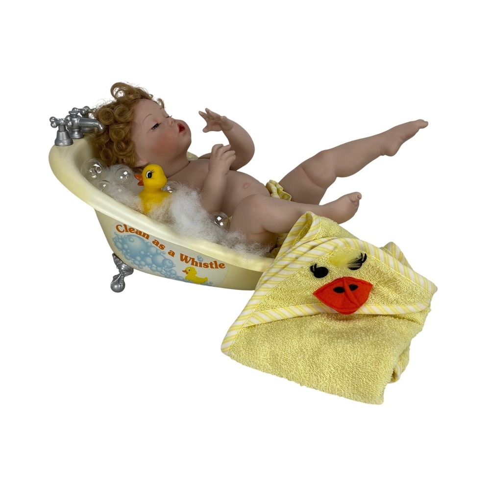 Vtg Titus Tomescu Porcelain Doll Bathtub Clean As A Whistle Rubber Duck Towel